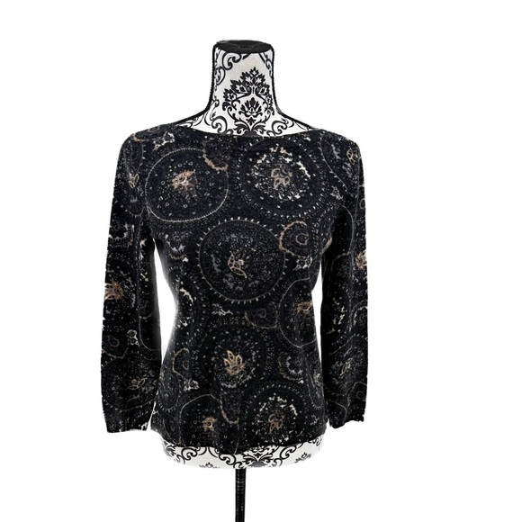 Talbots 100% Merino Wool Black Beige Medallion Print Pullover Warm Sweater - Picture 3 of 13